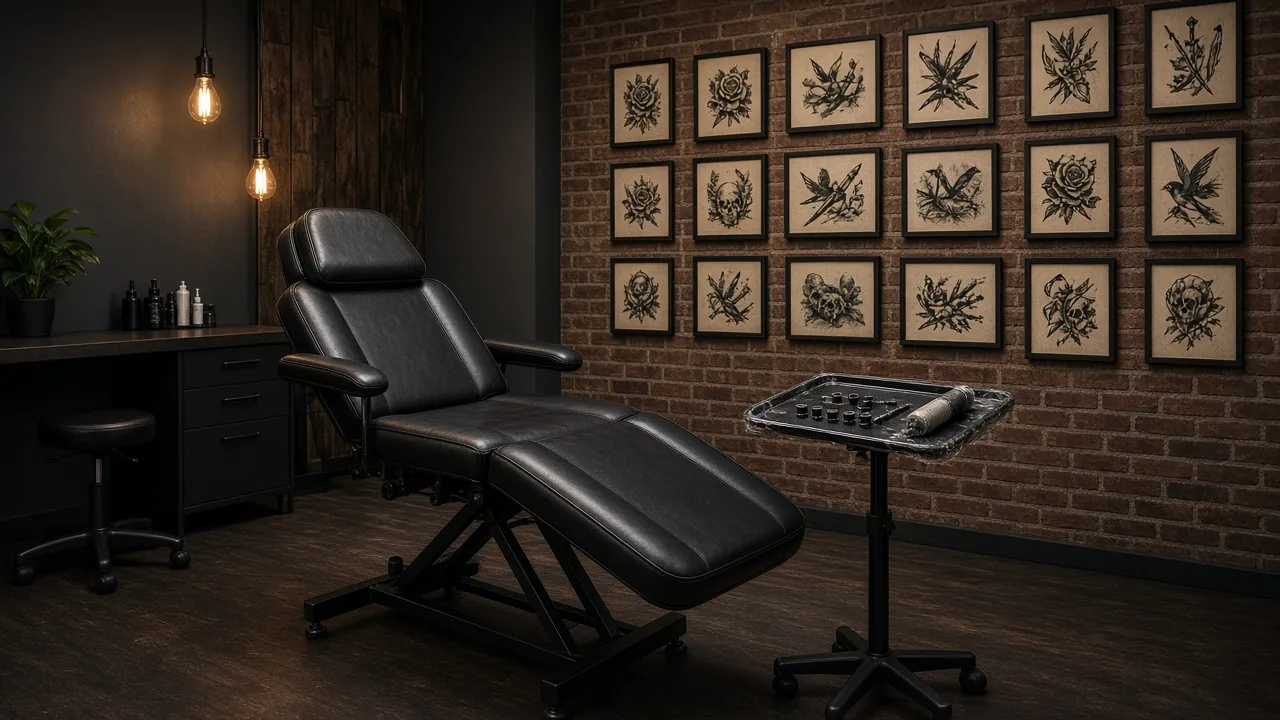 A black leather tattoo chair in a dim studio with framed flash art sketches on a brick wall